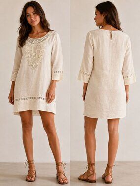 Massimo Dutti 100% Linen Tunic Dress Women's Small Lace Trim Boho Coastal Cottag